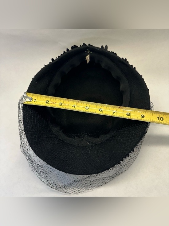 Vintage Black Felt Wool Cocktail Hat Veil Netting Velvet Floral Trim MCM 22.5” main image 14
